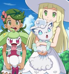  2girls :d alolan_vulpix blonde_hair braid cloud dark-skinned_female dark_skin day dress flower green_eyes green_hair hair_flower hair_ornament happy hat holding holding_pokemon lillie_(pokemon) long_hair mallow_(pokemon) multiple_girls open_mouth outdoors pokemoa pokemon pokemon_(anime) pokemon_(creature) pokemon_sm_(anime) sky sleeveless sleeveless_dress smile standing steenee sun_hat swept_bangs teeth tongue tree twintails upper_teeth_only white_dress white_headwear 