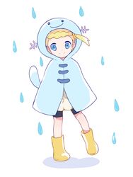  bike_shorts black_shorts blonde_hair blue_eyes boots commentary_request cosplay eureka_(pokemon) female full_body gen_2_pokemon hood mei_(maysroom) no_socks pokemon pokemon_(anime) pokemon_tail pokemon_xy_(anime) rain raincoat short_hair shorts side_ponytail simple_background skirt smile solo standing water_drop white_background white_skirt wooper wooper_(cosplay) yellow_footwear 