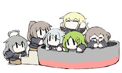  6+girls ^_^ ahoge black_hair black_sailor_collar black_serafuku black_shirt black_skirt blonde_hair brown_footwear brown_hair chibi closed_eyes commentary_request crescent crescent_hair_ornament fumizuki_(kancolle) glasses green_hair hair_ornament kantai_collection kikuzuki_(kancolle) long_hair mikazuki_(kancolle) mochizuki_(kancolle) multiple_girls nagatsuki_(kancolle) necktie no_mouth pleated_skirt ponytail red-framed_eyewear sailor_collar satsuki_(kancolle) school_uniform serafuku shirt shoes simple_background skirt stairs task_(s_task80) twintails uniform white_background white_hair white_necktie |_| 