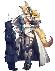  1other ^^^ alternate_breast_size alternate_height ambiguous_gender animal_ear_fluff animal_ears arknights black_coat black_gloves blonde_hair breasts coat commentary doctor_(arknights) epaulettes female gloves grin headset high_heels hood hooded_coat horse_ears horse_girl horse_tail huge_breasts long_sleeves melon22 nearl_(arknights) nearl_the_radiant_knight_(arknights) orange_eyes parted_lips rhodes_island_logo_(arknights) sideboob sidelocks simple_background size_difference skindentation smile standing tail tall_female thick_thighs thighs translation_request vambraces white_background 