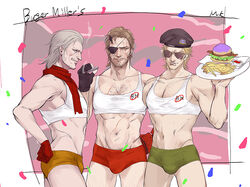  3boys amputee artist_name beard beret blonde_hair body_hair brown_hair bulge burger chest_hair collarbone commentary_request confetti crop_top english_text expressionless eyepatch facial_hair fingerless_gloves food french_fries gloves grey_hair hand_on_own_hip hat holding holding_plate horns kazuhira_miller ketchup looking_at_viewer male_focus mature_male mechanical_arms metal_gear_(series) metal_gear_solid_v:_the_phantom_pain moustache mugikoma mullet multiple_boys muscular muscular_male plate prosthesis prosthetic_arm red_gloves red_scarf revolver_ocelot scar scar_across_eye scar_on_cheek scar_on_face scar_on_nose scar_on_stomach scarf short_shorts shorts single_horn single_mechanical_arm sleeveless smile smoking sunglasses venom_snake 