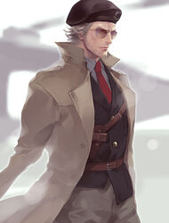  1boy belt beret blonde_hair blue_shirt blurry blurry_background coat collarbone commentary_request facial_hair hat holster kazuhira_miller male_focus mature_male metal_gear_(series) metal_gear_solid_v:_the_phantom_pain mugikoma necktie open_clothes open_coat realistic red_necktie shirt short_hair solo stubble sunglasses 