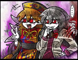  ... 2girls :/ :d angel_wings arm_up beige_jacket braid breasts chinese_clothes closed_mouth dress feathered_wings fox_print french_braid grey_hair hair_between_eyes hand_on_another&#039;s_shoulder hand_on_own_hip hand_to_own_mouth junko_(touhou) kishin_sagume long_hair long_sleeves looking_to_the_side medium_breasts multiple_girls nail_polish obi oerba_yun_fang open_mouth orange_hair phoenix_crown purple_dress red_nails sash short_hair single_wing smile spoken_ellipsis standing suenari_(peace) tabard tassel tongue touhou upper_body v very_long_fingernails wide_sleeves wings 