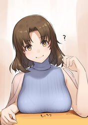  ? alternate_costume breasts brown_eyes brown_hair chiyoda_(kancolle) facing_viewer female kantai_collection large_breasts looking_to_the_side medium_hair nikuoji simple_background sleeveless sleeveless_turtleneck smile solo sweater turtleneck turtleneck_sweater 