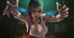  absurdres arm_tattoo asymmetrical_hair black_hair black_nails blue_eyes breasts chromatic_aberration cleavage commentary cyberpunk_(series) cyberpunk_2077 downblouse english_commentary english_text eyeliner female fingernails gameplay_mechanics highres judy_alvarez light_smile lips looking_at_viewer makeup mascara medium_breasts monori_rogue multicolored_hair photoshop_(medium) pov purple_hair sidecut solo subtitled tank_top tattoo two-tone_hair undercut 