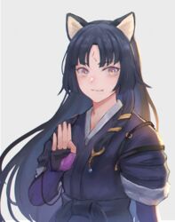  ^_^ animal_ears arknights black_hair black_kimono blush bryanth closed_eyes closed_mouth commentary_request dog_ears dog_tail facial_mark female fingerless_gloves forehead_mark gloves hand_up highres japanese_clothes kimono long_hair looking_at_viewer parted_bangs purple_eyes saga_(arknights) smile solo straight_hair tail tasuki upper_body very_long_hair 