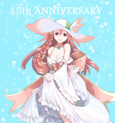  anniversary blue_background bow braid breasts cleavage commentary_request detached_sleeves dress feet_out_of_frame female flower frilled_dress frilled_sleeves frills hair_between_eyes hair_flower hair_ornament hat highres kusabi_(aighe) large_bow leaf_hat_ornament long_bangs long_hair looking_at_viewer medium_breasts official_alternate_costume open_mouth pink_bow pink_eyes pink_flower pink_hair pink_hat ragnarok_online round_teeth side_braid single_braid skirt_hold sleeveless sleeveless_dress smile solo sun_hat teeth wanderer_(ragnarok_online) white_dress white_flower white_hat white_sleeves wide_sleeves 