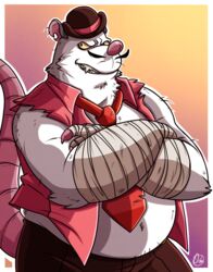  2018 american_opossum anthro belly big_belly bottomwear breeze_in_the_clouds camo_(breeze_in_the_clouds) clothing facial_hair fur hat headgear headwear hi_res john_vithor male mammal marsupial moustache necktie overweight overweight_anthro overweight_male pants shirt solo srjohn takeuchiart topwear virginia_opossum white_body white_fur 