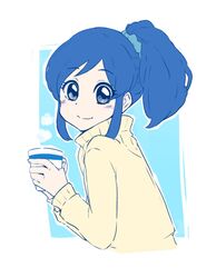  aikatsu! aikatsu!_(series) blue_background blue_hair blue_scrunchie blush brown_sweater closed_mouth commentary_request cropped_torso cup female from_side grey_eyes hair_ornament hair_scrunchie hands_up high_ponytail holding holding_cup kiriya_aoi looking_at_viewer looking_to_the_side mug nozo_(hitomiz) scrunchie side_ponytail smile solo sweater two-tone_background upper_body white_background 