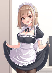  :d alternate_costume apron black_dress blush braid breasts brown_eyes brown_hair brown_pantyhose childhood_friend_(ominaeshi) cleavage commentary_request door dress enmaided female flat_screen_tv frilled_apron frills hair_between_eyes highres indoors maid maid_headdress medium_breasts ominaeshi_(takenoko) original pantyhose puffy_short_sleeves puffy_sleeves short_sleeves skirt_hold smile solo television white_apron 