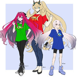  3girls alternate_costume alternate_hairstyle aqua_background arts_shirt baobhan_sith_(fate) barghest_(fate) black_footwear black_gloves black_pants black_ribbon black_shorts blue_footwear blue_pants blue_shirt border breasts brown_eyes buster_shirt closed_mouth commentary_request drill_hair fate/grand_order fate_(series) full_body gloves green_eyes green_shirt grey_eyes hair_ribbon height_difference heterochromia highres large_breasts long_hair melusine_(fate) multiple_girls one_eye_closed outside_border pants ponytail quick_shirt red_hair red_shirt ribbon shirt shoes short_sleeves shorts simple_background sneakers t-shirt torinonest twintails very_long_hair white_border white_hair yellow_eyes yoga_pants 