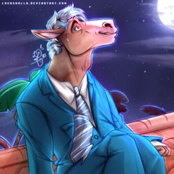  1:1 anthro bojack_horseman bojack_horseman_(character) clothed clothing digital_drawing_(artwork) digital_media_(artwork) equid equine horse humanoid illustration light looking_up lucasmolla male mammal mature_anthro mature_male moon moonlight necktie netflix palm_tree plant portrait rooftop smile solo star suit text three-quarter_portrait tree url 