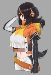  absurdres black_gloves black_hair breasts brown_eyes crop_top crop_top_overhang cropped_legs emperor_penguin_(kemono_friends) female from_side gloves gradient_jacket grey_background hair_over_one_eye headphones highres hood hooded_jacket jacket kemono_friends large_breasts looking_at_viewer midriff multicolored_hair navel notora orange_hair shirt_overhang simple_background skirt smile solo streaked_hair tail turtleneck 