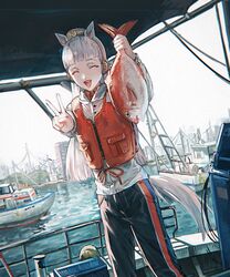  animal animal_ears blunt_bangs boat bridle building closed_eyes day female fish fishing garrison_cap gold_ship_(umamusume) hat highres holding holding_animal holding_fish horse_ears horse_girl horse_tail ikuta41 long_hair long_sleeves open_mouth outdoors pants sea_bream sky solo tail umamusume v vest water watercraft white_hair 