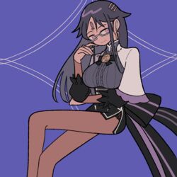  argyle_background arm_under_breasts back_bow bad_id bad_pixiv_id black_bow black_dress black_hair black_outline blue_background bow bowtie breasts center_frills chain_earrings chains closed_mouth crossed_legs dark-skinned_female dark_skin dress elbow_on_arm elbow_rest eyewear_strap facing_viewer feet_out_of_frame female frills glasses head_tilt high_collar impossible_clothes lace large_breasts livia_medeiros long_hair long_legs looking_to_the_side magia_record:_mahou_shoujo_madoka_magica_gaiden magical_girl mahou_shoujo_madoka_magica medal mole mole_under_mouth no_nose outline pantyhose puffy_sleeves purple_eyes purple_theme semi-rimless_eyewear short_dress side_slit simple_background smile solo soul_gem tsurime under-rim_eyewear wide_sleeves yuri7s0 