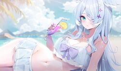  1girls bare_midriff bare_shoulders beach belly_button big_breasts bikini blue_hair cleavage covered_eye deyui drink elira_pendora exposed_shoulders exposed_torso eye_covered frilled_bikini hair_covering_eye hair_over_one_eye heterochromia laying_down laying_on_side lemon light-skinned_female light_blush looking_at_viewer midriff navel nijisanji nijisanji_en one_eye_covered one_eye_obstructed pale-skinned_female seaside solo solo_female solo_focus swimsuit virtual_youtuber wet wet_body white_hair 