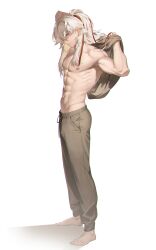  1boy abs brown_pants dhfz181 grey_hair hair_between_eyes hair_over_one_eye hair_ribbon high_ponytail highres honkai:_star_rail honkai_(series) jing_yuan long_hair male_focus mole mole_under_eye muscular muscular_male navel nipples pants ponytail red_ribbon ribbon solo stomach undressing white_hair yellow_eyes 