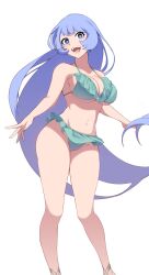  :d absurdres aqua_bikini bikini bikini_skirt blue_eyes blue_hair boku_no_hero_academia breasts cleavage collarbone commentary feet_out_of_frame female frilled_bikini frills hadou_nejire hair_between_eyes highres koyap large_breasts light_blue_hair long_hair looking_at_viewer nail_polish open_mouth simple_background smile solo swimsuit symbol-only_commentary very_long_hair white_background 