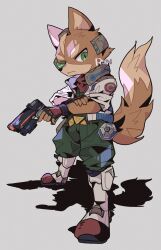  anthro boots canid canine clothing dipstick_tail fingerless_gloves footwear fox fox_mccloud fur gloves green_eyes gun handgun handwear hi_res holding_gun holding_object holding_ranged_weapon holding_weapon jacket male mammal markings nintendo ranged_weapon rsn_07 signature simple_background solo star_fox tail tail_markings topwear weapon 