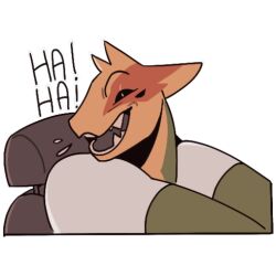  000atanerriaper000 anthro bodily_fluids car_seat clothing driving gemini_the_sergal laugh male multicolored_body saliva shirt smile solo telegram_sticker text topwear white_clothing white_shirt white_topwear 