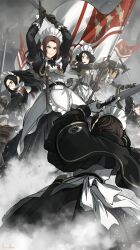  6+girls alicia_cole apron asterisk_kome black_hair brown_hair capelet dagger dark-skinned_female dark_skin flag gina_wallace glasses gloves heroes_of_order highres holding holding_flag holding_sword holding_weapon isabella_mendes knife maid maid_apron maid_headdress marie_gardner medal multiple_girls sword two-handed_sword weapon 