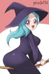  ass blush breasts broom broom_riding character_request eyelashes female from_side hat highres jashin-chan_dropkick large_breasts long_hair long_sleeves looking_at_viewer oerba_yun_fang open_mouth pink_eyes purple_hat purple_robe robe shadow_(modeler3622) solo witch_hat 