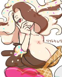  breasts brown_hair cleavage female food ghost_tail hair_over_one_eye hand_to_own_mouth huge_breasts ice_cream japanese_clothes kimono large_breasts long_hair monster_girl multicolored_hair off_shoulder open_mouth raichi_(sg1010) red_eyes short_eyebrows simple_background softkemuuri sprinkles two-tone_hair wafer white_hair youkai_(youkai_watch) youkai_watch youkai_watch_world 