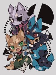  absurd_res anthro canid canine canis chibi clothing crossover fox fox_mccloud fur generation_4_pokemon group hi_res lucario male mammal nintendo open_mouth open_smile pokemon pokemon_(species) rsn_07 signature simple_background smile star_fox super_smash_bros. trio wolf wolf_o&#039;donnell 