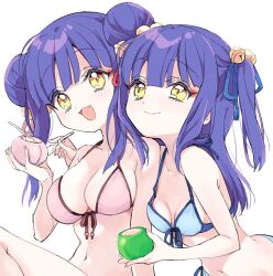  2girls bell bikini blue_bikini blue_hair breasts double_bun food hair_bell hair_bun hair_ornament ice_cream jashin-chan_dropkick kyon-kyon_(jashin-chan_dropkick) long_hair looking_at_viewer medium_breasts multiple_girls navel oerba_yun_fang open_mouth pink_bikini ran-ran simple_background small_breasts smile swimsuit upper_body white_background yellow_eyes yukiwo 