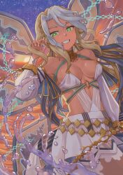  andromeda_(fate) andromeda_(first_ascension)_(fate) armlet bare_shoulders beach belly_chain blonde_hair braid breasts chains cleavage collar crown_braid cuffs dark-skinned_female dark_skin detached_sleeves dress fate/grand_order fate_(series) female gold_teeth gradient_sky green_eyes grin hair_ornament highres jaws jewelry large_breasts long_hair looking_at_viewer low_twintails metal_collar multicolored_hair orange_sky purple_sky rio_(pixiv107477746) shackles short_dress sidelocks sky smile solo star_(sky) starry_sky thighs twilight twintails two-tone_hair white_dress white_hair 