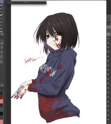  art_program_in_frame black_hair blood blood_on_clothes blood_on_face blood_on_hands blood_on_knife blue_hoodie bob_cut boxcutter breasts character_name clothes_writing commentary cropped_torso drawstring english_text expressionless from_side hair_between_eyes highres holding holding_knife holding_weapon hood hood_down hoodie implied_murder knife long_sleeves looking_at_viewer looking_to_the_side loose_hair_strand narrowed_eyes nevada-tan onakanikuman real_life red_eyes short_hair simple_background small_breasts unfinished weapon white_background 