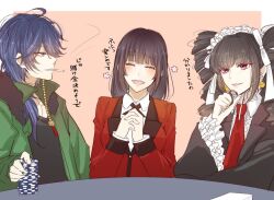  &gt;_&lt; 1boy 2girls :d arisugawa_dice bad_id bad_pixiv_id black_hair blazer blue_eyes blue_hair blunt_bangs bonnet breasts celestia_ludenberg chiyo951 cigarette claw_ring collared_shirt crossover danganronpa:_trigger_happy_havoc danganronpa_(series) drill_hair fur_trim gothic_lolita green_jacket hair_over_shoulder hime_cut hyakkaou_academy_school_uniform hypnosis_mic jabami_yumeko jacket kakegurui large_breasts lolita_fashion long_hair long_sleeves multiple_girls necktie red_eyes red_jacket red_necktie school_uniform shirt skirt smile smoking twin_drills twintails xd 