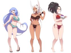  3girls :d :t abs alternate_costume alternate_hairstyle animal_ears aqua_bikini aviator_sunglasses barefoot bikini bikini_skirt black_bikini black_choker black_eyes black_hair blue_eyes blue_hair boku_no_hero_academia bowl breasts choker cleavage collarbone commentary criss-cross_halter dark-skinned_female dark_skin feet food frilled_bikini frills front-tie_bikini_top front-tie_top full_body hadou_nejire hair_between_eyes halterneck hand_on_own_hip highres holding holding_bowl holding_removed_eyewear koyap large_breasts light_blue_hair long_eyelashes long_hair looking_at_viewer mirko multiple_girls nail_polish navel open_mouth parted_bangs ponytail pout rabbit_ears rabbit_girl red_bikini red_eyes sandals shaved_ice side-tie_bikini_bottom simple_background smile spoon stomach sunglasses sweatdrop swimsuit symbol-only_commentary thick_thighs thigh_gap thighs toenail_polish toenails toes toned_female unworn_eyewear very_long_hair white_background white_hair yaoyorozu_momo 