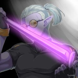  1boy black_gloves colored_skin demon dragon_ball dragon_ball_heroes dragon_ball_xenoverse epe-tohri fingerless_gloves fu_(dragon_ball) glasses gloves glowing glowing_weapon grey_shirt highres holding holding_weapon looking_at_viewer male_focus muscular muscular_male ninjatou pointing pointy_ears ponytail purple_skin red_eyes round_eyewear shirt short_sword smirk solo sword tinted_eyewear turtleneck twitter_username undercut weapon white_hair yellow-tinted_eyewear yellow_wrist_cuffs 