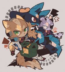  anthro canid canine canis chibi clothing crossover fox fox_mccloud fur generation_4_pokemon group hi_res looking_at_viewer lucario male mammal nintendo pokemon pokemon_(species) rsn_07 signature simple_background star_fox trio wolf wolf_o&#039;donnell 