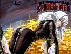  animification ass black_bodysuit black_cat_(marvel) blue_eyes bodysuit breasts domino_mask felicia_hardy female fur_trim highres large_breasts latex latex_bodysuit long_hair looking_at_viewer marvel mask rodrigo_yoshimiya skin_tight smile solo spider-man_(series) superhero_costume white_hair 