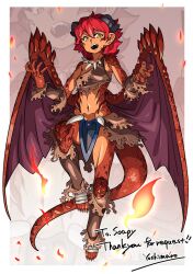  artist_name bandaged_foot bandages blue_loincloth border claws collarbone colored_skin commentary_request dragon_girl dragon_horns dragon_tail dragon_wings eimirja_(soapy) english_text engrish_text fangs feet female fire flying highres horns jewelry knee_up loincloth long_toenails looking_at_viewer midriff multicolored_skin multiple_views nail_polish navel necklace open_mouth original ranguage red_hair red_nails red_skin scales see-through_silhouette sharp_toenails shiny_skin signature single_strap solo tail thank_you toenail_polish toenails tooth_necklace torn_clothes two-tone_skin white_background white_border wings yoshimaro 