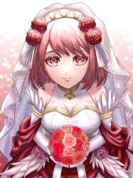  bare_shoulders bouquet braid bridal_gauntlets bridal_veil bride bride_(fire_emblem) collared_halterneck dress female fire_emblem fire_emblem_engage fire_emblem_heroes flower gold_choker gold_trim hairband highres holding holding_bouquet lapis_(fire_emblem) lapis_(mighty_bride)_(fire_emblem) looking_at_viewer official_alternate_costume pink_eyes pink_hair red_flower red_rose rose sera31066 single_braid solo two-tone_hairband veil wedding_dress wedding_suit white_bridal_gauntlets white_hair_ribbon white_hairband 