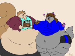  2018 4:3 5_fingers anthro batspid2 belly big_belly big_breasts biped black_bottomwear black_clothing black_eyebrows black_nose blue_bottomwear blue_clothing blue_eyes blue_shirt blue_topwear bottomwear breasts brown_body brown_fur brown_hair buckteeth cake canid canine canis cleavage closed_eyes clothed clothing crumbs curled_tail dessert digital_drawing_(artwork) digital_media_(artwork) double_chin duo ear_tuft eyebrow_through_hair eyebrows eyelashes facial_tuft fangs female fingers flabby_arms flat_colors food front_view fur glistening glistening_eyes glistening_nose grey_body grey_fur hair heart_symbol holding_food holding_object hoodie huge_belly huge_thighs hyper hyper_hips hyper_thighs jacket looking_at_another love_handles mammal midriff morbidly_obese morbidly_obese_anthro morbidly_obese_female multicolored_body multicolored_bottomwear multicolored_clothing multicolored_fur navel obese obese_anthro obese_female open_mouth overweight overweight_anthro overweight_female pants pawpads pink_heart pink_inner_ear pink_pawpads pink_tongue portrait purple_clothing purple_jacket purple_topwear rodent sciurid shirt shorts signature simple_background smile standing sweatshirt tail tail_tuft tan_background tan_body tan_fur teeth text text_on_clothing text_on_shirt text_on_topwear thick_thighs three-quarter_portrait three-quarter_view tongue topwear translucent translucent_hair tree_squirrel tuft two_tone_body two_tone_bottomwear two_tone_clothing two_tone_fur vanessa_(batspid2) wolf 