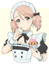  alternate_hairstyle apron black_bow black_bowtie black_dress black_ribbon blush border bow bowtie breasts brown_hair cleavage collar collarbone cropped_torso detached_collar dress earrings female finger_in_own_mouth food frilled_dress frills green_eyes hair_ribbon hairbow heart heart_earrings highres holding holding_food idolmaster idolmaster_cinderella_girls idolmaster_cinderella_girls_starlight_stage jewelry kirakira_p_cyan large_breasts looking_at_viewer maid muffin outside_border ribbon short_hair short_sleeves simple_background solo twintails upper_body white_apron white_border white_collar white_headdress white_wrist_cuffs wrist_cuffs yanagi_kiyora yellow_background 