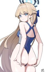  artist_name ass blonde_hair blue_archive blue_eyes blue_halo blue_one-piece_swimsuit braid closed_mouth competition_swimsuit cowboy_shot dated female halo hands_on_own_ass highres long_hair myeolchi one-piece_swimsuit signature simple_background solo swimsuit toki_(blue_archive) white_background 