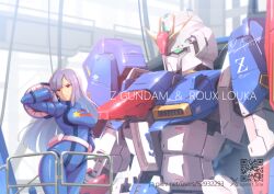  belt belt_pouch blue_bodysuit bodysuit breasts cable character_name commentary_request female green_eyes gundam gundam_zz hand_on_own_hip hand_up hangar helmet holding holding_helmet indoors long_hair mecha medium_breasts mobile_suit normal_suit open_cockpit pilot_helmet pilot_suit pixiv_id pouch purple_hair qr_code red_eyes robot roux_louka science_fiction serike_w signature skin_tight space_helmet spacesuit standing star_(symbol) star_print twitter_x_logo unworn_headwear unworn_helmet v-fin very_long_hair web_address white_belt zeta_gundam_(mobile_suit) 