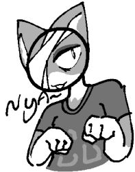  2024 4_fingers :3 anthro bandage bandaged_eye big_eyes black_outline clothed clothing digital_media_(artwork) domestic_cat felid feline felis fingers front_view greyscale half-length_portrait ilovevibri looking_at_viewer male mammal monochrome nya open_:3 open_mouth outline portrait ruby_quest shirt simple_background solo text text_on_clothing text_on_shirt text_on_topwear tom_(rq) topwear white_background 