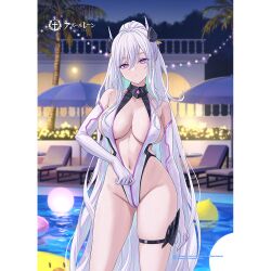  aqua_pupils azur_lane breasts center_opening female guchico high_ponytail kearsarge_(azur_lane) multicolored_hair navel official_alternate_hairstyle official_art one-piece_swimsuit partially_unzipped ponytail pool poolside solo swimsuit unzipping 