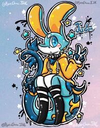  5_fingers anthro blue_body blue_eyes clothing collar fingers generation_5_pokemon gesture hand_gesture hi_res jacket legwear lewdchuu_(artist) male nintendo pokemon pokemon_(species) serperior solo spiked_collar spikes star stockings topwear v_sign 