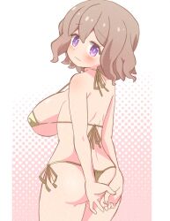  arms_behind_back ass bare_arms bare_legs bare_shoulders bikini blush breasts brown_hair commentary cowboy_shot female from_behind gold_bikini hair_between_eyes huge_breasts kitahara_yuriko looking_at_viewer looking_back micro_bikini onii-chan_wa_oshimai! pink_background pon_sugar purple_eyes short_hair side-tie_bikini_bottom simple_background solo string_bikini swimsuit two-tone_background white_background 