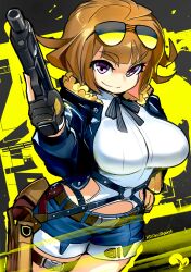  abstract_background artist_logo artist_name black_background black_gloves black_jacket blue_shorts breasts brown_hair closed_mouth commentary_request cropped_jacket denim denim_shorts eyewear_on_head female fur-trimmed_jacket fur_trim girls&#039;_frontline gloves grizzly_mkv_(girls&#039;_frontline) grizzly_win_mag hand_on_own_hip highres holster jacket krokobyaka logo looking_at_viewer open_clothes open_jacket partially_fingerless_gloves pouch purple_eyes short_shorts shorts smile solo sunglasses trigger_discipline two-tone_background yellow_background 