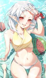  ahoge blush breasts elf female food fruit highres looking_at_viewer mushoku_tensei navel ocean official_alternate_hair_length official_alternate_hairstyle open_mouth pointy_ears red_eyes saico_isshin short_hair small_breasts smile solo swimsuit sylphiette_(mushoku_tensei) watermelon wet white_hair 