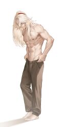  1boy abs brown_pants dhfz181 grey_hair hair_between_eyes hair_over_one_eye hair_ribbon high_ponytail highres honkai:_star_rail honkai_(series) jing_yuan long_hair male_focus mole mole_under_eye muscular muscular_male navel nipples pants ponytail red_ribbon ribbon solo stomach white_hair yellow_eyes 