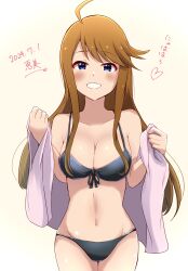  absurdres ahoge bikini black_bikini blue_eyes blush breasts brown_hair cleavage cowboy_shot female grin highres idolmaster idolmaster_million_live! large_breasts long_hair looking_at_viewer navel simple_background sinobu0425 smile solo swept_bangs swimsuit tokoro_megumi white_background 